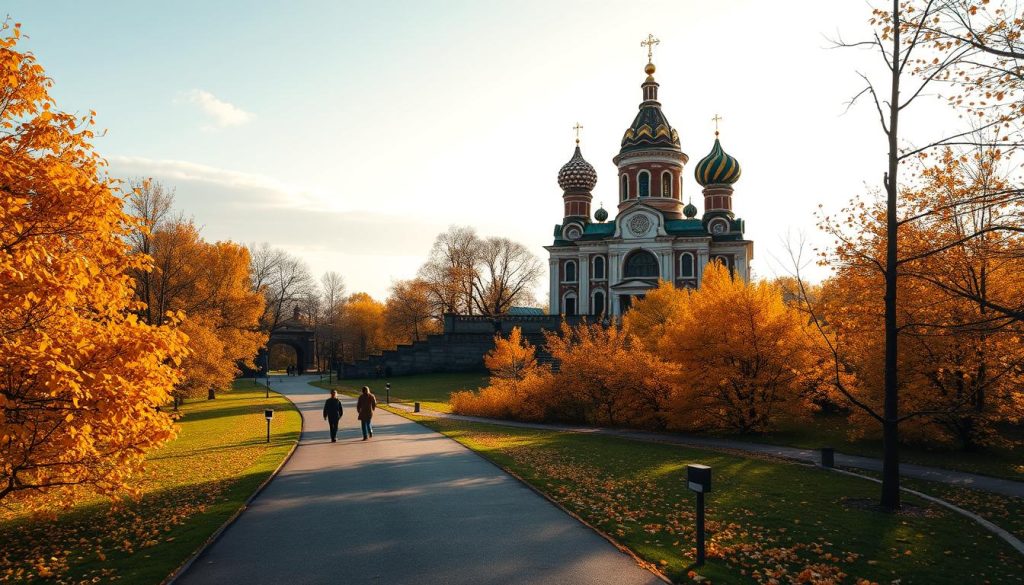 A vibrant autumnal landscape, with golden leaves cascading across a tranquil park setting. In the foreground, a meandering path leads towards a historic Russian Orthodox church, its onion domes and intricate architecture standing as a testament to the rich cultural heritage of the 14th of September. The middle ground is dotted with people strolling leisurely, capturing the essence of a contemplative, celebratory day. The background features a cloudless sky, bathed in a warm, golden light that infuses the entire scene with a sense of timeless serenity. Crisp, cinematic lighting and a subtle depth of field create a captivating, painterly atmosphere. A vibrant autumnal landscape, with golden leaves cascading across a tranquil park setting. In the foreground, a meandering path leads towards a historic Russian Orthodox church, its onion domes and intricate architecture standing as a testament to the rich cultural heritage of the 14th of September. The middle ground is dotted with people strolling leisurely, capturing the essence of a contemplative, celebratory day. The background features a cloudless sky, bathed in a warm, golden light that infuses the entire scene with a sense of timeless serenity. Crisp, cinematic lighting and a subtle depth of field create a captivating, painterly atmosphere.