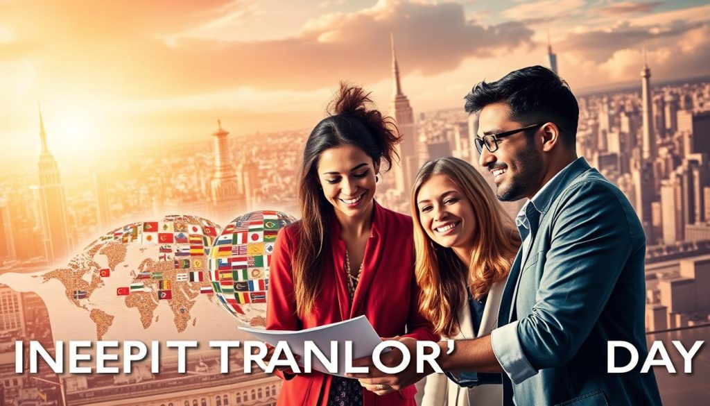 A vibrant celebration of International Translator's Day, showcasing the diverse cultures and languages that translators bridge. In the foreground, a group of translators from various backgrounds collaborating on a project, their faces alight with enthusiasm. The middle ground features a mosaic of national flags and symbols, representing the global reach of translation. In the background, a majestic cityscape with iconic landmarks, alluding to the worldwide impact of translation. Warm, golden lighting casts a unifying glow, evoking a sense of unity and shared purpose. The overall composition conveys the vital role translators play in connecting the world and fostering cross-cultural understanding. A vibrant celebration of International Translator's Day, showcasing the diverse cultures and languages that translators bridge. In the foreground, a group of translators from various backgrounds collaborating on a project, their faces alight with enthusiasm. The middle ground features a mosaic of national flags and symbols, representing the global reach of translation. In the background, a majestic cityscape with iconic landmarks, alluding to the worldwide impact of translation. Warm, golden lighting casts a unifying glow, evoking a sense of unity and shared purpose. The overall composition conveys the vital role translators play in connecting the world and fostering cross-cultural understanding.