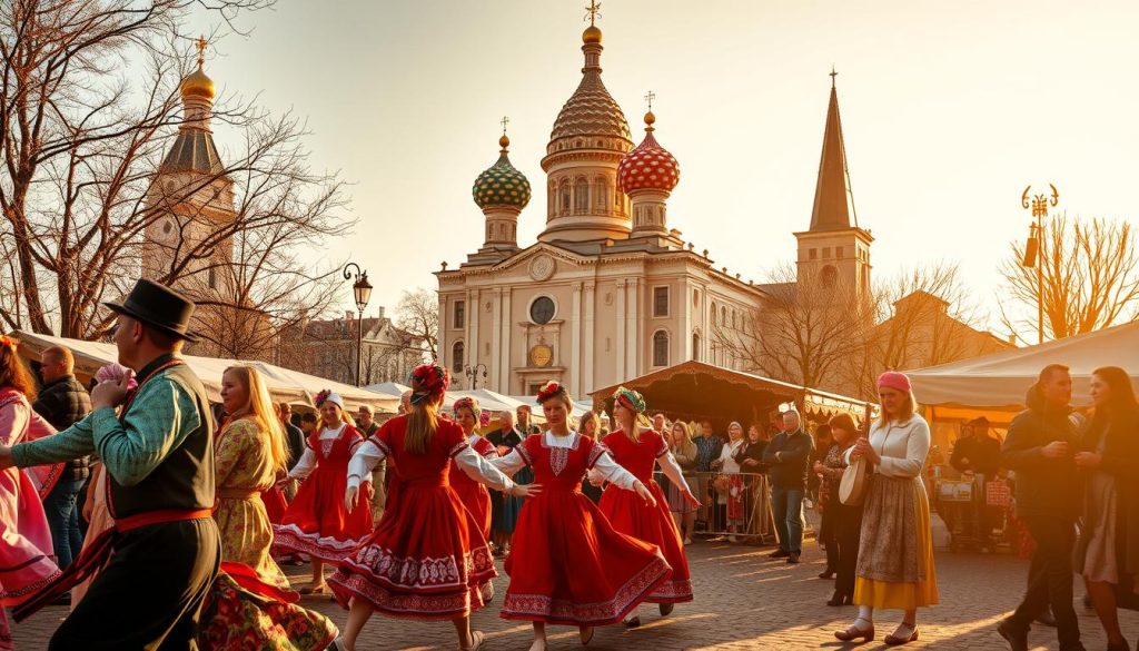 A vibrant celebration of "праздник день" unfolds before us, a harmonious blend of traditional and contemporary elements. In the foreground, a lively parade of colorful costumed figures dances to the rhythmic beats of folk music, their movements imbued with a sense of joy and revelry. In the middle ground, stalls and vendors offer an array of local delicacies and handcrafted wares, inviting passersby to immerse themselves in the festive atmosphere. The background features a majestic cathedral, its onion domes and ornate architecture casting a serene, timeless aura over the scene. Warm, golden lighting filters through the air, creating a cozy, inviting ambiance that envelops the entire celebration. This image captures the essence of a vibrant, culturally rich "праздник день," perfectly suited to illustrate the section on today's holidays and commemorative events. A vibrant celebration of "праздник день" unfolds before us, a harmonious blend of traditional and contemporary elements. In the foreground, a lively parade of colorful costumed figures dances to the rhythmic beats of folk music, their movements imbued with a sense of joy and revelry. In the middle ground, stalls and vendors offer an array of local delicacies and handcrafted wares, inviting passersby to immerse themselves in the festive atmosphere. The background features a majestic cathedral, its onion domes and ornate architecture casting a serene, timeless aura over the scene. Warm, golden lighting filters through the air, creating a cozy, inviting ambiance that envelops the entire celebration. This image captures the essence of a vibrant, culturally rich "праздник день," perfectly suited to illustrate the section on today's holidays and commemorative events.
