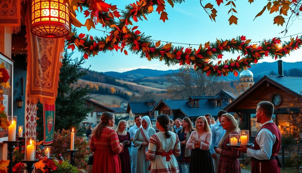 A vibrant celebration of the holiday season, set against a warm autumn backdrop. In the foreground, a festive display of traditional decorations - intricately patterned banners, garlands of colorful leaves and flowers, and an array of candles casting a soft, glowing light. In the middle ground, a gathering of people in traditional Eastern European attire, sharing laughter and conversation. The background features a picturesque village scene, with quaint, wooden buildings nestled among rolling hills and a clear, azure sky. The overall mood is one of joyful celebration, rich in cultural heritage and the spirit of the season.