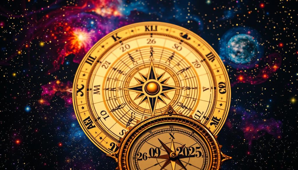 A vibrant celestial backdrop of stars and galaxies, with the signs of the zodiac encircling a central astrological chart. The chart features intricate lines, symbols, and planetary icons, illuminated by a soft, warm glow. In the foreground, a vintage-inspired compass rose, its needle pointing towards the date "26,09,2025", framed by an ornate, antique-style border. The composition conveys a sense of mysticism, history, and the timeless nature of astrology. A vibrant celestial backdrop of stars and galaxies, with the signs of the zodiac encircling a central astrological chart. The chart features intricate lines, symbols, and planetary icons, illuminated by a soft, warm glow. In the foreground, a vintage-inspired compass rose, its needle pointing towards the date "26,09,2025", framed by an ornate, antique-style border. The composition conveys a sense of mysticism, history, and the timeless nature of astrology.