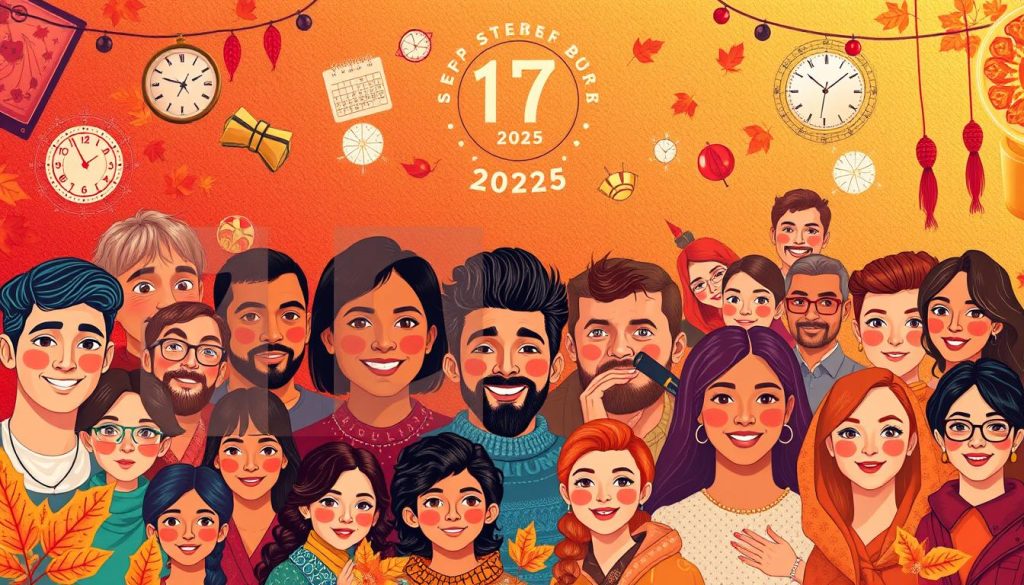 A vibrant digital illustration showcasing the birth of people born on September 17th, 2025. Set against a warm, autumnal backdrop, the foreground features a diverse array of individuals from various walks of life, their faces radiant with life and individuality. The middle ground depicts symbolic elements representing the significance of this day, such as astrological symbols, calendars, and celebratory decorations. The background subtly blends hues of orange, red, and gold, evoking a sense of timelessness and the cyclic nature of life. The composition is balanced and visually compelling, capturing the essence of this special day in history. A vibrant digital illustration showcasing the birth of people born on September 17th, 2025. Set against a warm, autumnal backdrop, the foreground features a diverse array of individuals from various walks of life, their faces radiant with life and individuality. The middle ground depicts symbolic elements representing the significance of this day, such as astrological symbols, calendars, and celebratory decorations. The background subtly blends hues of orange, red, and gold, evoking a sense of timelessness and the cyclic nature of life. The composition is balanced and visually compelling, capturing the essence of this special day in history.