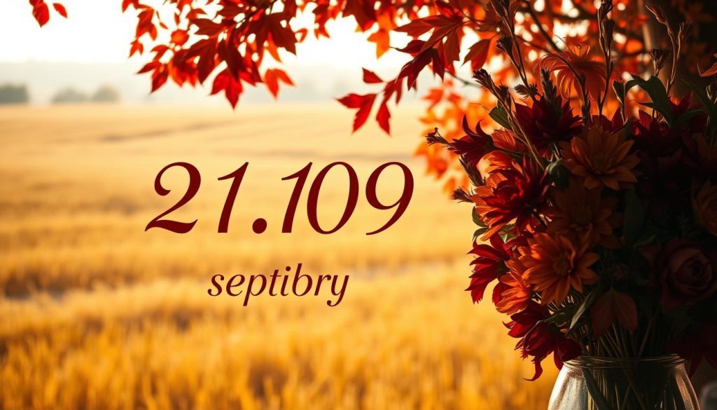 A warm, autumnal scene depicting the 21st of September, with a focal point on the date "21.09" rendered in a decorative calligraphic style. In the background, a lush, golden field stretches out, dotted with vibrant red and orange leaves from the surrounding trees. Soft, diffused lighting filters through the scene, creating a cozy, nostalgic atmosphere. The foreground features a vase of freshly picked flowers, their petals in shades of burgundy, ochre, and sage, complementing the overall autumnal palette. The composition is balanced, with the date and floral arrangement drawing the eye, while the background provides a sense of depth and natural setting. A warm, autumnal scene depicting the 21st of September, with a focal point on the date "21.09" rendered in a decorative calligraphic style. In the background, a lush, golden field stretches out, dotted with vibrant red and orange leaves from the surrounding trees. Soft, diffused lighting filters through the scene, creating a cozy, nostalgic atmosphere. The foreground features a vase of freshly picked flowers, their petals in shades of burgundy, ochre, and sage, complementing the overall autumnal palette. The composition is balanced, with the date and floral arrangement drawing the eye, while the background provides a sense of depth and natural setting.