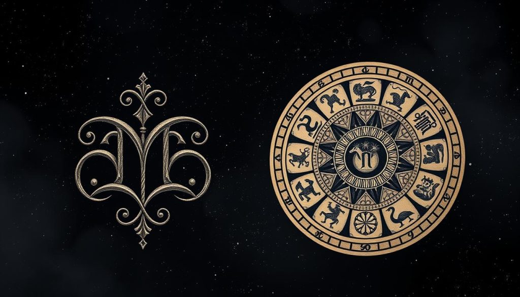 A zodiac symbol in the style of a detailed classical astrological engraving. The foreground features an intricate, ornate celestial sigil against a dark, starry night sky. The middle ground shows a detailed zodiac circle with the twelve astrological signs rendered in an antique, etched fashion. The background has a sense of depth, with atmospheric lighting and hazy, cosmic elements. The overall mood is mysterious, arcane, and evocative of ancient celestial divination. The image should have a high level of realism and technical detail to capture the historical, astrological essence of the "знак зодиака". A zodiac symbol in the style of a detailed classical astrological engraving. The foreground features an intricate, ornate celestial sigil against a dark, starry night sky. The middle ground shows a detailed zodiac circle with the twelve astrological signs rendered in an antique, etched fashion. The background has a sense of depth, with atmospheric lighting and hazy, cosmic elements. The overall mood is mysterious, arcane, and evocative of ancient celestial divination. The image should have a high level of realism and technical detail to capture the historical, astrological essence of the "знак зодиака".