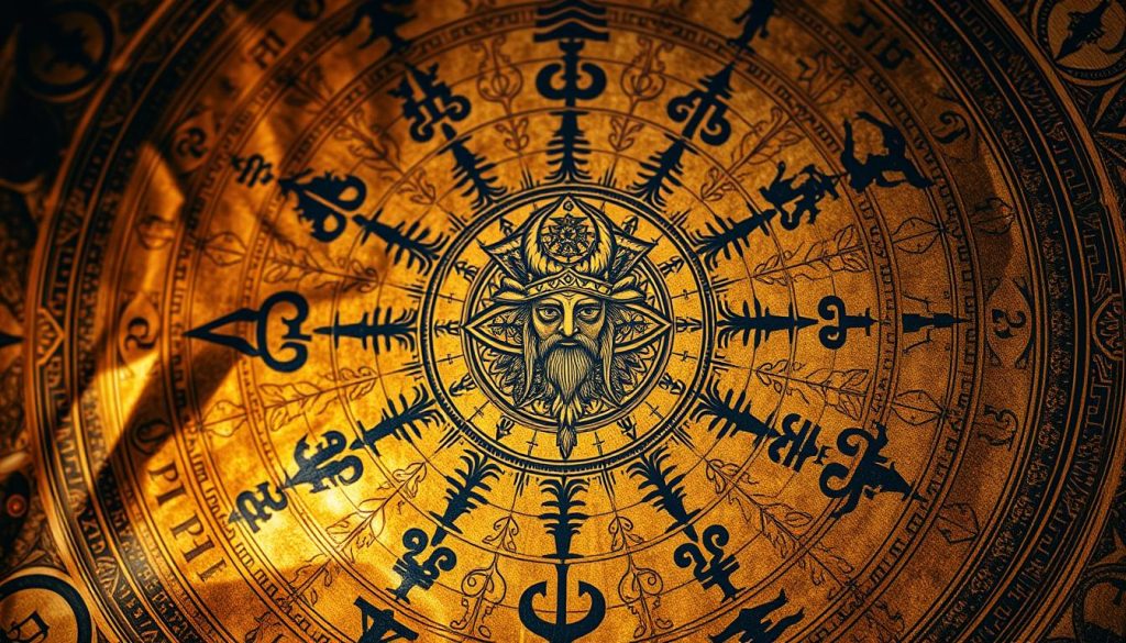 An ancient astrological chart depicting the Slavic zodiac, rendered with intricate, hand-painted details. The foreground showcases a central image of the Perun, the Slavic god of thunder, surrounded by twelve zodiac symbols, each representing a different constellation and its associated deities. The middle ground features ornate, swirling patterns and celestial motifs, hinting at the esoteric nature of this ancient divination system. The background is a rich, earthy palette, evoking a sense of timelessness and the deep-rooted connection between the Slavic people and the cosmos. The overall composition is bathed in a warm, golden light, creating an ethereal, mystical atmosphere. An ancient astrological chart depicting the Slavic zodiac, rendered with intricate, hand-painted details. The foreground showcases a central image of the Perun, the Slavic god of thunder, surrounded by twelve zodiac symbols, each representing a different constellation and its associated deities. The middle ground features ornate, swirling patterns and celestial motifs, hinting at the esoteric nature of this ancient divination system. The background is a rich, earthy palette, evoking a sense of timelessness and the deep-rooted connection between the Slavic people and the cosmos. The overall composition is bathed in a warm, golden light, creating an ethereal, mystical atmosphere.