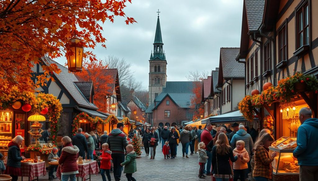 An autumn celebration in a cozy town, with vibrant foliage and a warm, golden glow. Families gather in a picturesque town square, adorned with seasonal decorations. Children play games, vendors sell handcrafted wares, and the aroma of traditional dishes fills the air. In the distance, a historic church steeple rises, its bell tolling to mark the occasion. The scene is bathed in a soft, diffused light, creating a sense of timeless nostalgia. Intricate details in the architecture, costumes, and activities reveal the rich cultural heritage of this September celebration.