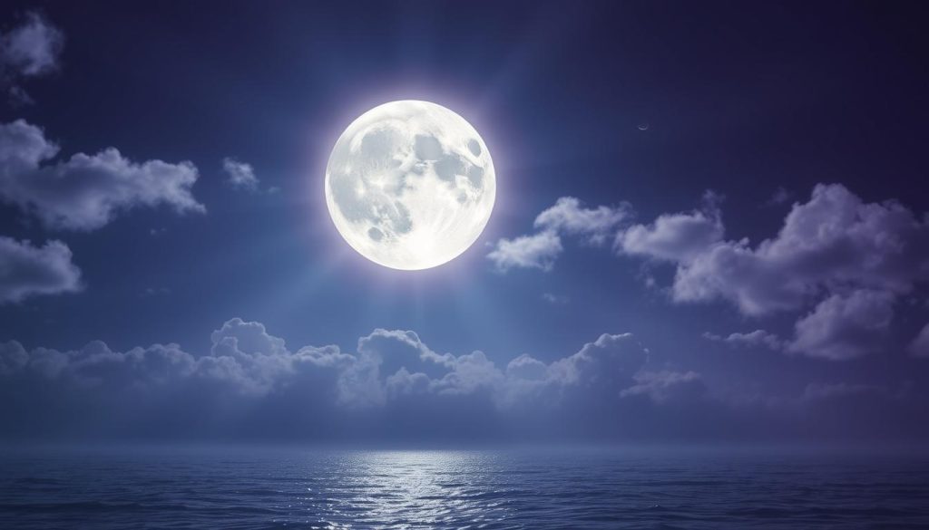 Celestial symphony in the Pisces sky - a full moon, ethereal and luminous, cast in hues of silver and lavender, illuminating the inky darkness. Wispy clouds drift lazily, shrouding the lunar orb in a gossamer veil. Rays of light radiate outward, casting a shimmering glow upon the tranquil waters below. The serene, dreamy atmosphere evokes a sense of mysticism and introspection, as the moon's influence guides the tides and the subconscious. A visually captivating, atmospheric depiction of the Moon in Pisces, captured with a soft, romantic lens. Celestial symphony in the Pisces sky - a full moon, ethereal and luminous, cast in hues of silver and lavender, illuminating the inky darkness. Wispy clouds drift lazily, shrouding the lunar orb in a gossamer veil. Rays of light radiate outward, casting a shimmering glow upon the tranquil waters below. The serene, dreamy atmosphere evokes a sense of mysticism and introspection, as the moon's influence guides the tides and the subconscious. A visually captivating, atmospheric depiction of the Moon in Pisces, captured with a soft, romantic lens.