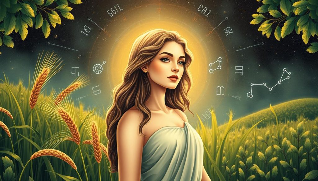 Detailed astrological illustration of the Virgo zodiac sign. A serene and contemplative female figure, representing the Virgo archetype, stands in a lush, verdant landscape. Soft, warm lighting illuminates her features, highlighting her thoughtful expression and gentle poise. Surrounding her are symbolic elements of the Virgo sign - wheat sheaves, oak leaves, a celestial backdrop with the Virgo constellation. The overall composition conveys a sense of introspection, order, and connection with the natural world, embodying the Virgo's qualities of diligence, practicality, and service.