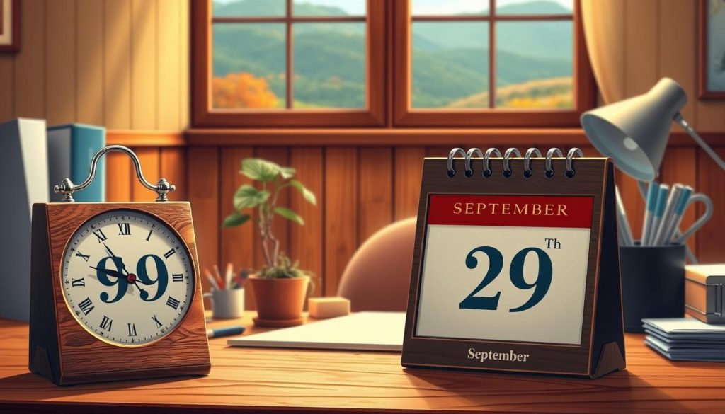 Detailed calendar illustration for September 29th. Foreground features an elegant analog calendar on a wooden desk, with the date "29" prominently displayed. Middle ground has a decorative potted plant and office supplies. Background depicts a warm, cozy interior with wooden panels, a window overlooking a scenic autumn landscape, and soft, diffused lighting creating a contemplative mood. Lighting is natural and evenly distributed, with subtle shadows adding depth. Overall, the image conveys a sense of tradition, productivity, and the tranquility of an autumnal day. Detailed calendar illustration for September 29th. Foreground features an elegant analog calendar on a wooden desk, with the date "29" prominently displayed. Middle ground has a decorative potted plant and office supplies. Background depicts a warm, cozy interior with wooden panels, a window overlooking a scenic autumn landscape, and soft, diffused lighting creating a contemplative mood. Lighting is natural and evenly distributed, with subtle shadows adding depth. Overall, the image conveys a sense of tradition, productivity, and the tranquility of an autumnal day.