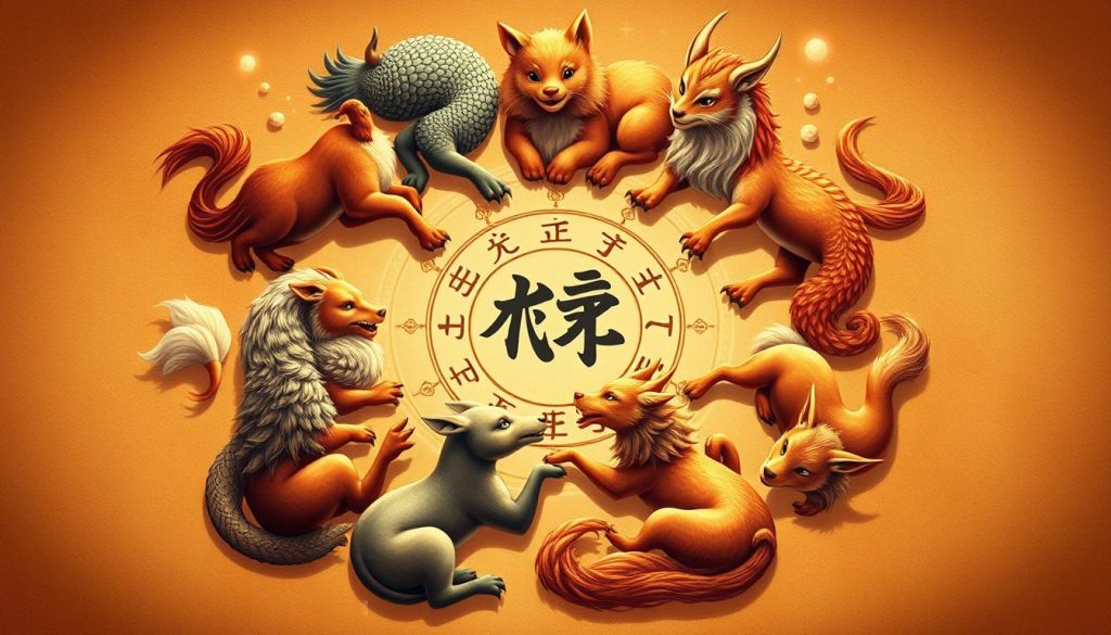 Detailed zodiac compatibility illustration depicting the Chinese zodiac animal signs interacting in harmonious and dynamic relationships. Centered composition with the twelve zodiac animals arranged in a circular formation, each rendered in a distinctive style showcasing their unique characteristics. Warm, earthy color palette with subtle celestial elements in the background, conveying a sense of cosmic balance and interconnectedness. Soft lighting accentuates the animals' textures and expressions, evoking an atmosphere of tranquility and understanding. Delicate, intricate details in the animals' designs and poses capture the nuances of interpersonal dynamics between the zodiac signs. Detailed zodiac compatibility illustration depicting the Chinese zodiac animal signs interacting in harmonious and dynamic relationships. Centered composition with the twelve zodiac animals arranged in a circular formation, each rendered in a distinctive style showcasing their unique characteristics. Warm, earthy color palette with subtle celestial elements in the background, conveying a sense of cosmic balance and interconnectedness. Soft lighting accentuates the animals' textures and expressions, evoking an atmosphere of tranquility and understanding. Delicate, intricate details in the animals' designs and poses capture the nuances of interpersonal dynamics between the zodiac signs.