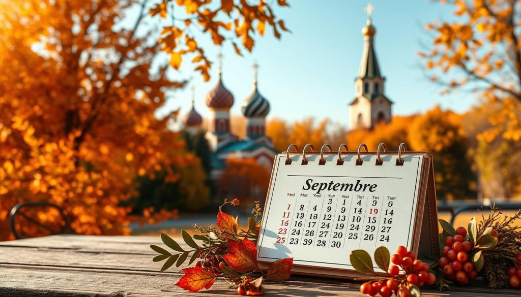 календарь и традиции сентября A classical autumn landscape featuring a traditional Russian Orthodox church with onion domes, set against a backdrop of vibrant fall foliage. In the foreground, a vintage-style calendar with September highlighted, surrounded by seasonal decorations like leaves, berries, and herbs. Warm, golden lighting illuminates the scene, evoking a cozy, nostalgic atmosphere. The composition balances the architectural elements with natural, folkloric details, capturing the essence of Russian September traditions and celebrations. календарь и традиции сентября A classical autumn landscape featuring a traditional Russian Orthodox church with onion domes, set against a backdrop of vibrant fall foliage. In the foreground, a vintage-style calendar with September highlighted, surrounded by seasonal decorations like leaves, berries, and herbs. Warm, golden lighting illuminates the scene, evoking a cozy, nostalgic atmosphere. The composition balances the architectural elements with natural, folkloric details, capturing the essence of Russian September traditions and celebrations.