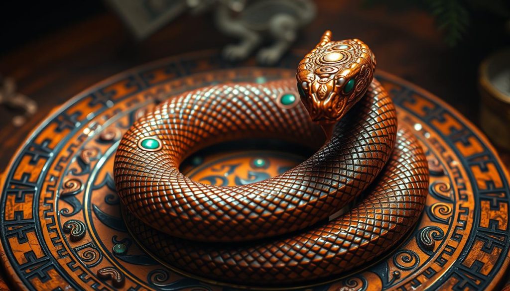 Majestic Chinese zodiac symbol of the Wooden Snake, its sinuous form coiled atop a mosaic of ancient celestial motifs. Warm ochre and earthy hues evoke the natural elements, while shimmering highlights suggest an aura of mysticism. Intricate jade and pearl inlays adorn the serpent's scales, imbuing it with an air of opulence and wisdom. A serene, contemplative mood prevails, as if the creature holds the secrets of the cosmos. Diffused lighting casts dramatic shadows, heightening the sense of timeless, ritualistic power. This visually striking representation captures the essence of the Year of the Wooden Snake and its profound influence on the lives of those born on September 24th, 2025. Majestic Chinese zodiac symbol of the Wooden Snake, its sinuous form coiled atop a mosaic of ancient celestial motifs. Warm ochre and earthy hues evoke the natural elements, while shimmering highlights suggest an aura of mysticism. Intricate jade and pearl inlays adorn the serpent's scales, imbuing it with an air of opulence and wisdom. A serene, contemplative mood prevails, as if the creature holds the secrets of the cosmos. Diffused lighting casts dramatic shadows, heightening the sense of timeless, ritualistic power. This visually striking representation captures the essence of the Year of the Wooden Snake and its profound influence on the lives of those born on September 24th, 2025.