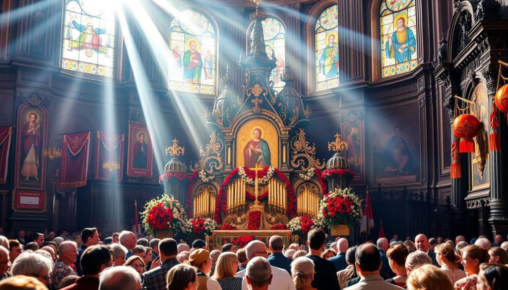 Праздники: a vibrant celebration of Russian culture and traditions. A grand display of colorful decorations, ornate religious iconography, and lively folk music against a backdrop of historic architecture. Sunlight streams through stained glass windows, casting a warm, reverent glow. In the foreground, a crowd of people in traditional dress gather, their faces alight with joy as they mark an important day in the Orthodox calendar. Intricate floral arrangements and candles adorn an ornate altar, while the distant sound of church bells adds to the sacred atmosphere. This scene captures the essence of "Праздники" - a deeply meaningful observance that connects Russia's past and present. Праздники: a vibrant celebration of Russian culture and traditions. A grand display of colorful decorations, ornate religious iconography, and lively folk music against a backdrop of historic architecture. Sunlight streams through stained glass windows, casting a warm, reverent glow. In the foreground, a crowd of people in traditional dress gather, their faces alight with joy as they mark an important day in the Orthodox calendar. Intricate floral arrangements and candles adorn an ornate altar, while the distant sound of church bells adds to the sacred atmosphere. This scene captures the essence of "Праздники" - a deeply meaningful observance that connects Russia's past and present.