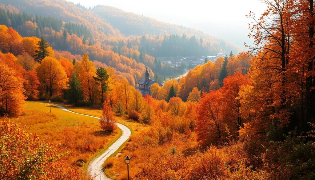 Сентября: a lush, autumn landscape in golden hues. Vibrant foliage in shades of crimson, amber, and ochre blankets the rolling hills, casting a warm glow over the serene scene. A winding path meanders through the woodland, inviting the viewer to explore. Soft, diffused sunlight filters through the canopy, lending an ethereal quality to the setting. In the distance, a quaint village nestled among the trees, its charming buildings and church spire peeking out. The atmosphere is one of tranquility and contemplation, capturing the essence of this transitional time of year.