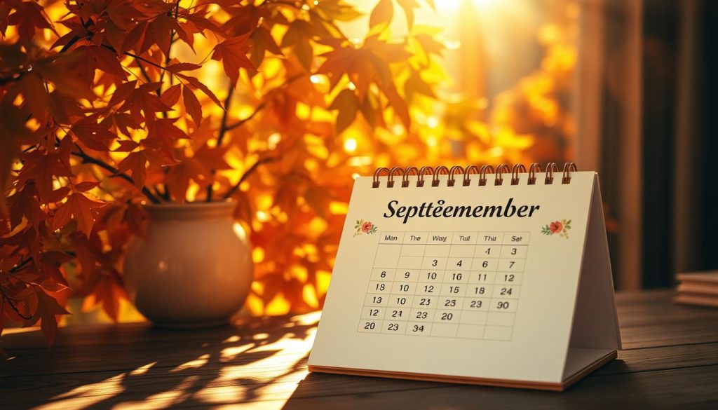 September calendar, set against a warm, autumnal backdrop. Sunlight filters through vibrant foliage, casting a golden glow over a wooden desk. On the desk, a classic September calendar sits, its pages crisp and clean. The calendar is adorned with subtle floral motifs, hinting at the changing of the seasons. The composition is balanced, with the calendar as the focal point, surrounded by natural elements that evoke a sense of tranquility and reflection. The lighting is soft and diffused, creating a serene, contemplative atmosphere. The overall scene captures the essence of a September day, inviting the viewer to pause and appreciate the transition from summer to fall. September calendar, set against a warm, autumnal backdrop. Sunlight filters through vibrant foliage, casting a golden glow over a wooden desk. On the desk, a classic September calendar sits, its pages crisp and clean. The calendar is adorned with subtle floral motifs, hinting at the changing of the seasons. The composition is balanced, with the calendar as the focal point, surrounded by natural elements that evoke a sense of tranquility and reflection. The lighting is soft and diffused, creating a serene, contemplative atmosphere. The overall scene captures the essence of a September day, inviting the viewer to pause and appreciate the transition from summer to fall.