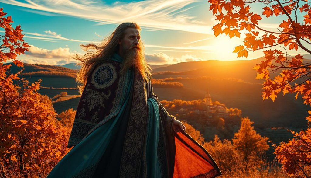 Vibrant autumn landscape with a majestic Slavic figure, their flowing robes adorned with intricate patterns representing the September nature spirit. Warm golden light filters through swaying foliage, casting a serene glow. In the background, a rustic village nestled among rolling hills, echoing the timeless connection between the land and its people. Wispy clouds drift across a cerulean sky, contributing to the tranquil, contemplative atmosphere. The subject's expression is one of quiet wisdom, their gaze directed inwards, connecting with the rhythms of the earth. Subtle magical elements, such as glowing fireflies or wisps of energy, hint at the mystical nature of this Slavic guardian of September. Vibrant autumn landscape with a majestic Slavic figure, their flowing robes adorned with intricate patterns representing the September nature spirit. Warm golden light filters through swaying foliage, casting a serene glow. In the background, a rustic village nestled among rolling hills, echoing the timeless connection between the land and its people. Wispy clouds drift across a cerulean sky, contributing to the tranquil, contemplative atmosphere. The subject's expression is one of quiet wisdom, their gaze directed inwards, connecting with the rhythms of the earth. Subtle magical elements, such as glowing fireflies or wisps of energy, hint at the mystical nature of this Slavic guardian of September.