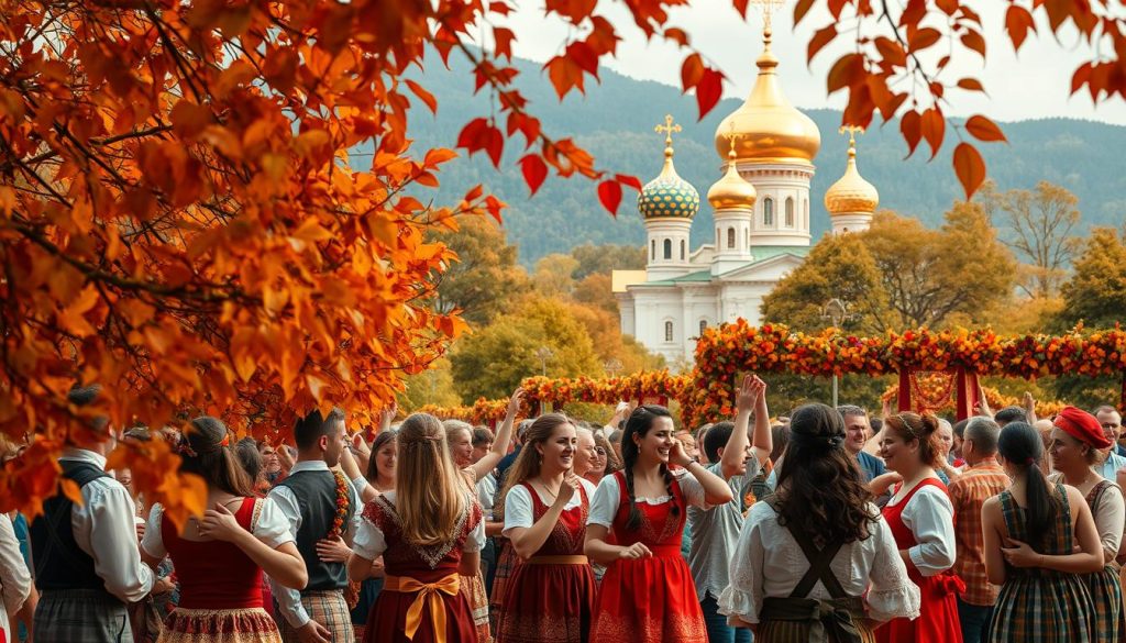 Vibrant autumnal celebration of September festivities. A lush, verdant landscape adorned with swirling leaves in shades of amber, crimson, and gold. In the foreground, a gathering of people dressed in traditional folk attire, their faces alight with joy as they dance and celebrate. Intricate floral garlands and woven tapestries add a touch of festive elegance. In the background, a majestic cathedral with onion domes stands tall, its golden spires glinting in the soft, warm lighting. An atmosphere of reverence and community pervades the scene, capturing the essence of the September holidays. Vibrant autumnal celebration of September festivities. A lush, verdant landscape adorned with swirling leaves in shades of amber, crimson, and gold. In the foreground, a gathering of people dressed in traditional folk attire, their faces alight with joy as they dance and celebrate. Intricate floral garlands and woven tapestries add a touch of festive elegance. In the background, a majestic cathedral with onion domes stands tall, its golden spires glinting in the soft, warm lighting. An atmosphere of reverence and community pervades the scene, capturing the essence of the September holidays.