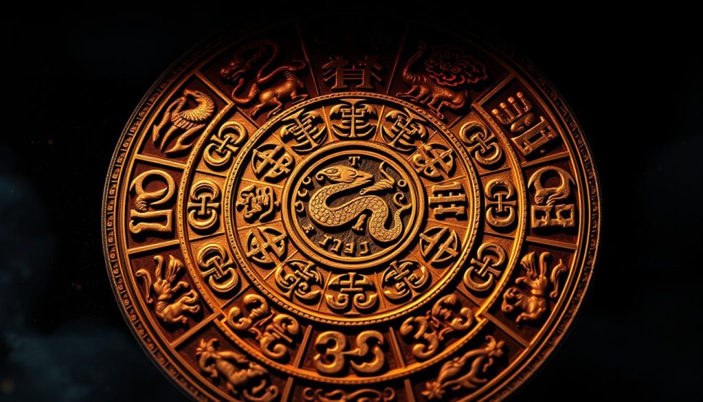 Zodiac symbols in an ornate, intricate design featuring the 12 astrological signs arranged in a circular pattern. The signs are rendered in a stylized, detailed manner with rich, warm colors and textures evocative of ancient Chinese or Tibetan artwork. The overall composition has a mystical, esoteric atmosphere, with subtle celestial elements like stars or moons in the background. The lighting is dramatic, with a sense of depth and dimension, creating a visually striking and compelling illustration of the theme of the "Year of the Wooden Snake" and its astrological significance. Zodiac symbols in an ornate, intricate design featuring the 12 astrological signs arranged in a circular pattern. The signs are rendered in a stylized, detailed manner with rich, warm colors and textures evocative of ancient Chinese or Tibetan artwork. The overall composition has a mystical, esoteric atmosphere, with subtle celestial elements like stars or moons in the background. The lighting is dramatic, with a sense of depth and dimension, creating a visually striking and compelling illustration of the theme of the "Year of the Wooden Snake" and its astrological significance.