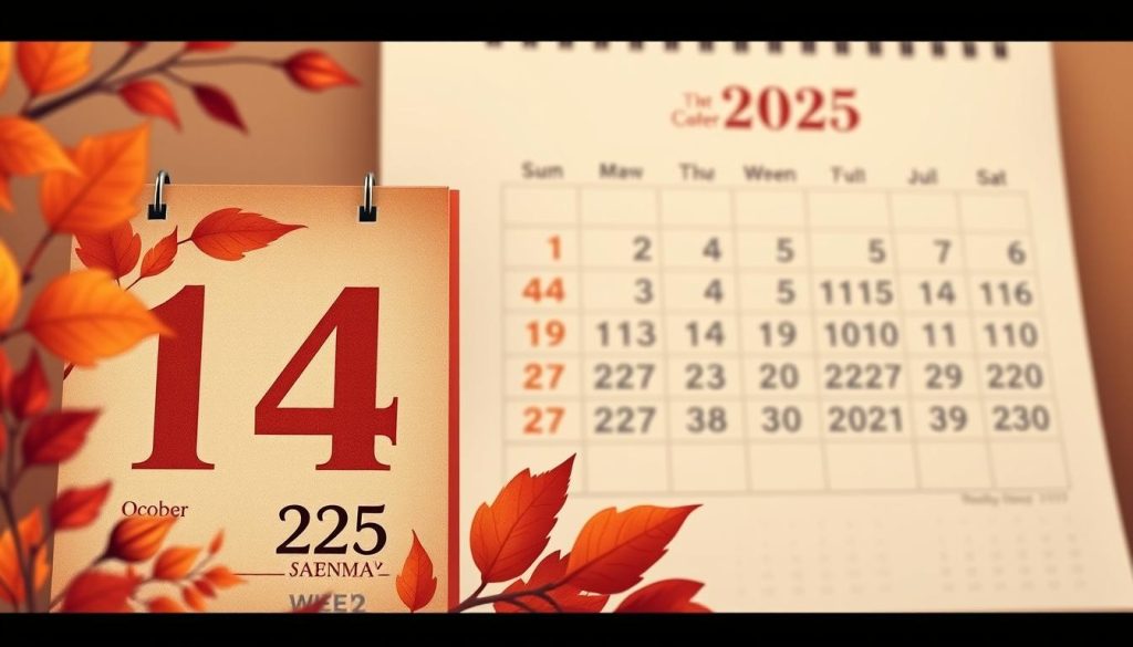 A beautifully illustrated calendar for the year, showcasing the month of October 2025. The foreground features a detailed rendering of the date 14th, with a warm autumnal palette evoking the season. The middle ground showcases the weekday "Saturday" and the week number "42" in a stylized, typographic treatment. In the background, a panoramic view of the full month unfolds, each day represented by a subtle icon. Soft, diffused lighting creates a cozy, inviting atmosphere, while the composition is balanced and aesthetically pleasing, suitable for use in the article.