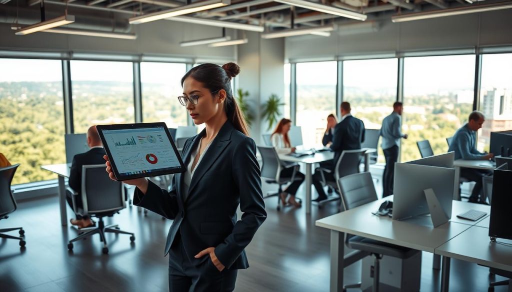 A bustling office scene set in the year 2025, during the Year of the Snake. The room is filled with natural light streaming through large windows, illuminating a team of professionals engrossed in their work. Sleek, minimalist desks and ergonomic chairs create a modern, efficient workspace. In the foreground, a woman in a smart business suit reviews financial reports on a high-resolution touchscreen display, her expression thoughtful yet confident. Colleagues collaborate at a central conference table, discussing strategies and ideas. In the background, a verdant cityscape can be seen through the windows, hinting at the prosperous economic climate. The overall atmosphere is one of productivity, innovation, and a sense of optimism for the year ahead. A bustling office scene set in the year 2025, during the Year of the Snake. The room is filled with natural light streaming through large windows, illuminating a team of professionals engrossed in their work. Sleek, minimalist desks and ergonomic chairs create a modern, efficient workspace. In the foreground, a woman in a smart business suit reviews financial reports on a high-resolution touchscreen display, her expression thoughtful yet confident. Colleagues collaborate at a central conference table, discussing strategies and ideas. In the background, a verdant cityscape can be seen through the windows, hinting at the prosperous economic climate. The overall atmosphere is one of productivity, innovation, and a sense of optimism for the year ahead.
