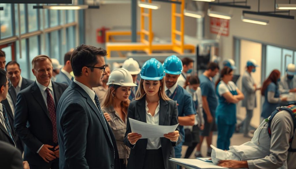 A bustling scene of diverse professional groups, captured in a vibrant, cinematic style. In the foreground, a group of business executives in suits and ties, engaged in a lively discussion. In the middle ground, a team of engineers in hard hats, examining blueprints on a construction site. In the background, healthcare workers in scrubs and lab coats, tending to patients in a modern hospital. The lighting is warm and inviting, with a depth of field that draws the eye to the various focal points. The overall atmosphere conveys a sense of productivity, collaboration, and the importance of different professions in a thriving society.