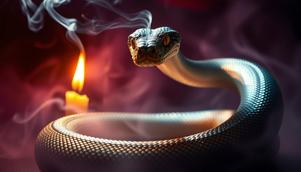 A coiled snake, its scales gleaming in the warm candlelight, gazes intently with piercing yellow eyes. Tendrils of smoke curl around its sinuous form, hinting at its intuitive nature. The snake's head rises gracefully, conveying a sense of heightened awareness and mystical insight. The background is shrouded in a mist of deep burgundy and violet hues, creating an atmosphere of introspection and esoteric knowledge. Soft shadows play across the snake's body, emphasizing its fluid, serpentine movements. The lighting casts a glowing, almost ethereal quality, suggesting the snake's connection to the unseen realms. This image captures the intuitive power and enigmatic essence of the snake, a symbol of transformation and the mysteries of the subconscious.
