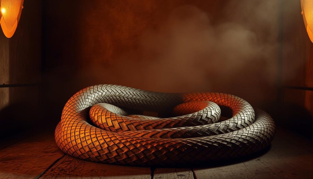 A coiled wooden serpent, its scales carved with intricate patterns, rests in a dimly lit chamber. Soft, warm lighting emanates from the sides, casting gentle shadows that accentuate the sculpted contours. The serpent's body twists and undulates, creating a mesmerizing sense of movement and fluidity. The background is shrouded in a hazy, earthy tone, evoking a mystical, ancient ambiance. The composition is balanced, with the serpent positioned centrally, commanding attention. This image captures the essence of the Wooden Snake, a timeless symbol of wisdom and transformation, imbued with the rich heritage of Slavic and Druidic traditions.