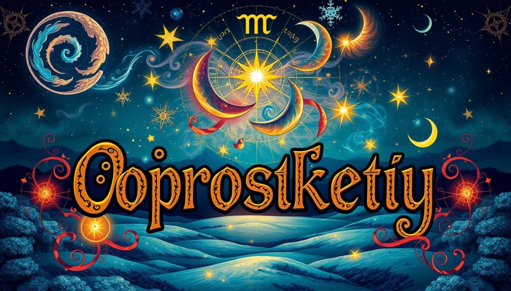 A colorful astrological illustration depicting the Zodiac symbols, with a mystical and celestial atmosphere. The foreground showcases the Cyrillic text "гороскопу" rendered in a stylized, ornate typography, surrounded by intricate astrological symbols and celestial motifs. In the middle ground, there are swirling nebulae, glowing stars, and crescent moons, creating a sense of cosmic wonder. The background features a deep, indigo-hued sky with a hint of a starry night landscape, conveying a sense of timeless, ancient wisdom. The overall composition should evoke a sense of astrological significance, as if the image is a window into the mysteries of the cosmos. A colorful astrological illustration depicting the Zodiac symbols, with a mystical and celestial atmosphere. The foreground showcases the Cyrillic text "гороскопу" rendered in a stylized, ornate typography, surrounded by intricate astrological symbols and celestial motifs. In the middle ground, there are swirling nebulae, glowing stars, and crescent moons, creating a sense of cosmic wonder. The background features a deep, indigo-hued sky with a hint of a starry night landscape, conveying a sense of timeless, ancient wisdom. The overall composition should evoke a sense of astrological significance, as if the image is a window into the mysteries of the cosmos.
