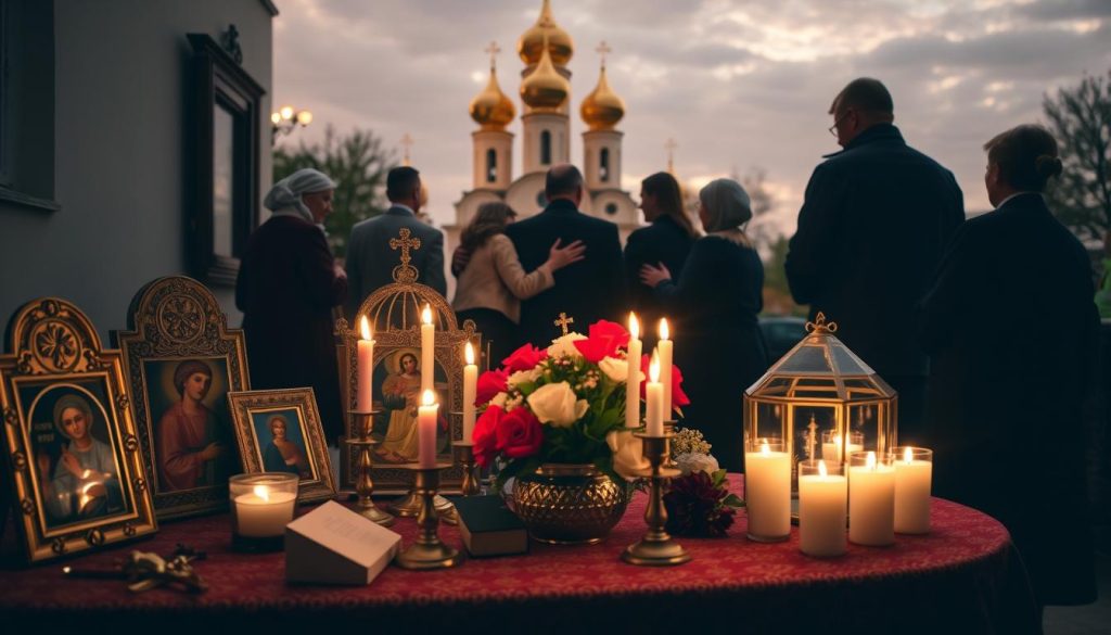 A cozy and serene scene depicting the religious celebrations and name days on October 10th. In the foreground, a table is adorned with ornate Orthodox icons, lit candles, and fresh flowers. In the middle ground, a group of people in traditional attire gather around, embracing and exchanging well-wishes. The background features the warm glow of a dimly lit church, its golden onion domes silhouetted against a softly clouded sky. The overall atmosphere is one of reverence, community, and joyful commemoration of the day's significant events. A cozy and serene scene depicting the religious celebrations and name days on October 10th. In the foreground, a table is adorned with ornate Orthodox icons, lit candles, and fresh flowers. In the middle ground, a group of people in traditional attire gather around, embracing and exchanging well-wishes. The background features the warm glow of a dimly lit church, its golden onion domes silhouetted against a softly clouded sky. The overall atmosphere is one of reverence, community, and joyful commemoration of the day's significant events.