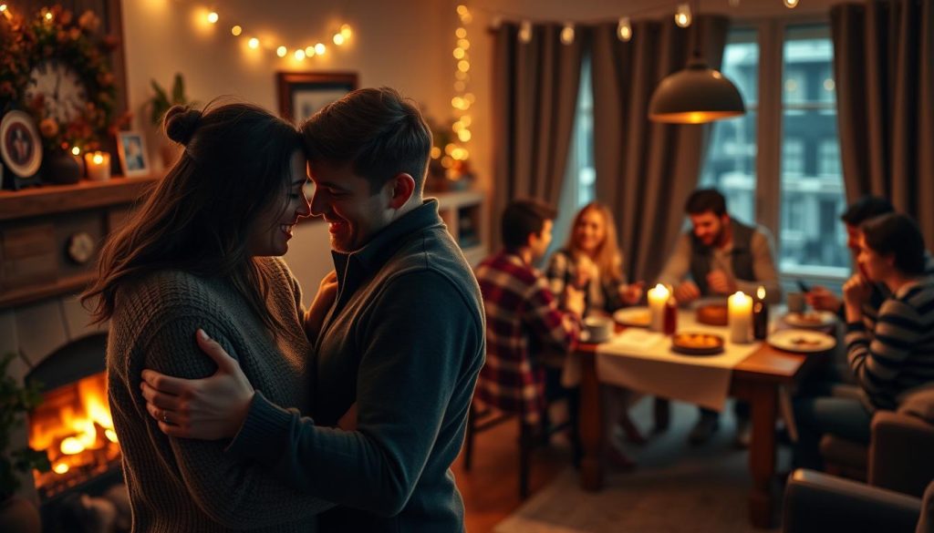 A cozy autumn evening, lit by the warm glow of a fireplace. In the foreground, a loving couple embracing, their faces aglow with tender affection. Behind them, a family gathered around a table, laughing and sharing a meal. In the background, friends playing a board game, their expressions filled with camaraderie. The scene radiates a sense of comfort, connection, and the deep bonds of love, family, and companionship during the end of October. Soft, diffused lighting casts a gentle, intimate atmosphere over the entire tableau.