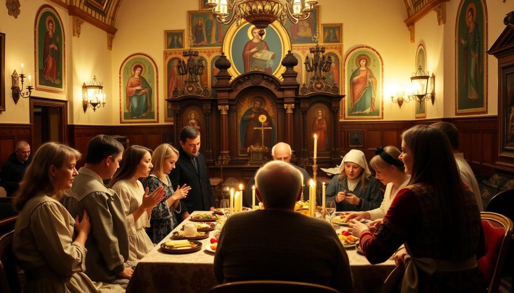 A cozy Eastern Orthodox church interior, with warm lighting casting a soft glow on the intricate iconostasis and ornate religious imagery. In the foreground, a group of people dressed in traditional Russian attire gather around a table, sharing a celebratory feast and exchanging gifts, as they commemorate the "Именины" or name day of a beloved friend or family member. The mood is one of joyful tradition, familial bonds, and reverence for the spiritual significance of this special occasion.