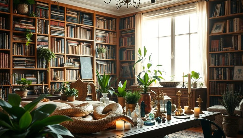 A cozy home interior filled with treasures and symbols representing the personality and lifestyle of a Snake zodiac sign. In the foreground, an elegant Snake curled around a golden decorative piece, its iridescent scales catching the warm, mellow lighting. In the middle ground, a low table displays an assortment of exotic plants, crystals, candles, and other mystical trinkets. The background showcases floor-to-ceiling bookshelves overflowing with tomes on astrology, spirituality, and the occult. A large window allows soft, natural light to filter in, creating a serene, introspective atmosphere. The overall scene conveys the Snake's intuitive nature, refined aesthetic, and preference for a cozy, contemplative lifestyle.