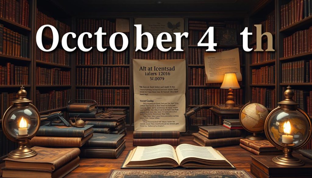 a detailed and historically accurate scene depicting major events and milestones from October 4th throughout history, set against a realistic backdrop of an old library or study with worn leather-bound books, antique globes, and oil lamps, lit by soft, warm lighting to convey a sense of timeless significance and gravitas, with a composition that draws the viewer's eye to the most important elements in the frame a detailed and historically accurate scene depicting major events and milestones from October 4th throughout history, set against a realistic backdrop of an old library or study with worn leather-bound books, antique globes, and oil lamps, lit by soft, warm lighting to convey a sense of timeless significance and gravitas, with a composition that draws the viewer's eye to the most important elements in the frame