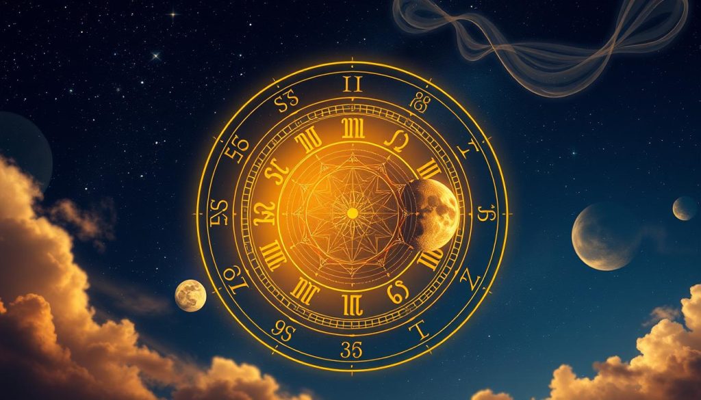 A detailed astrological chart depicting the celestial alignment on October 22, 2025, with the Sun in the sign of Libra and the Moon residing in the sign of Scorpio. The illustration should feature a central circular zodiac wheel with rich and intricate iconography representing the Libra and Scorpio symbols, surrounded by a softly glowing halo of golden light. In the background, a starry night sky with wispy cloud formations lends an ethereal, mystical atmosphere. The overall composition should evoke a sense of balance, depth, and the interconnectedness of the cosmic forces that shape our daily horoscopes.