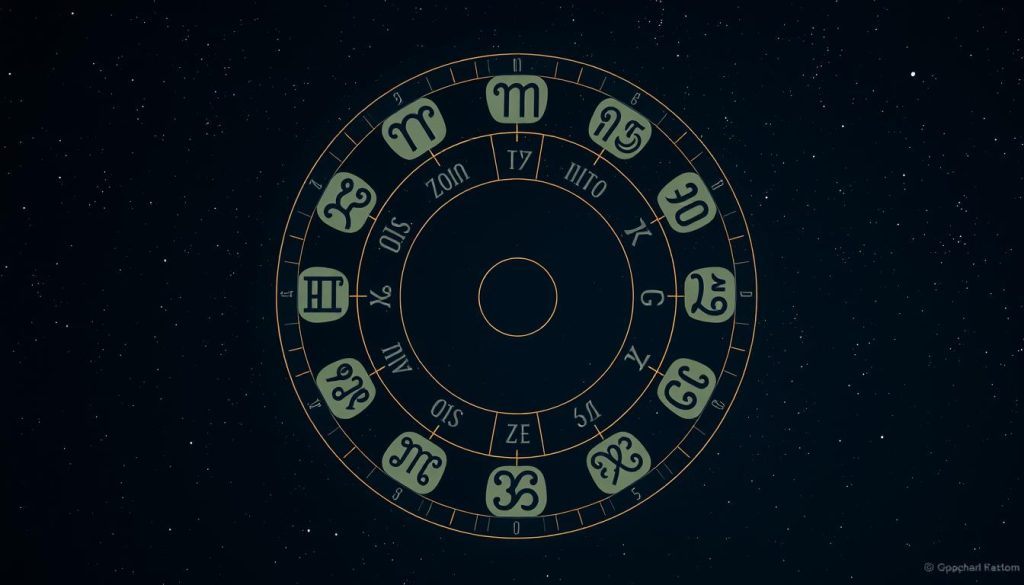 A detailed astrological chart showcasing the parameters and characteristics of each zodiac sign. Rendered in a minimalist, technical style with clean lines and a muted color palette. The foreground features the zodiac symbols arranged in a circular formation, each one highlighted and annotated with key details like element, modality, and ruling planet. The middle ground contains the zodiac sign names in Cyrillic script, set against a subtle grid-like background. The background depicts a starry night sky, with a subtle gradient fading from deep indigo to midnight blue. The lighting is soft and even, creating a sense of balance and harmony. The overall composition conveys a sense of order, knowledge, and the interconnectedness of the astrological system.