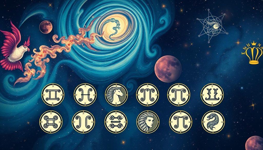 A detailed astrological guidebook showcasing the distinctive traits and characteristics of each zodiac sign, presented in a visually captivating manner. The illustration features a celestial background with swirling galaxies, nebulae, and shimmering stars. In the foreground, a series of twelve circular icons, each representing a different zodiac sign, is arranged in an elegant, symmetrical pattern. Each icon is designed with intricate, stylized imagery that captures the unique essence and symbolism of its corresponding sign. The overall composition conveys a sense of cosmic wonder and astrological wisdom, inviting the viewer to explore the diverse personalities and energies embodied by the twelve signs of the zodiac.