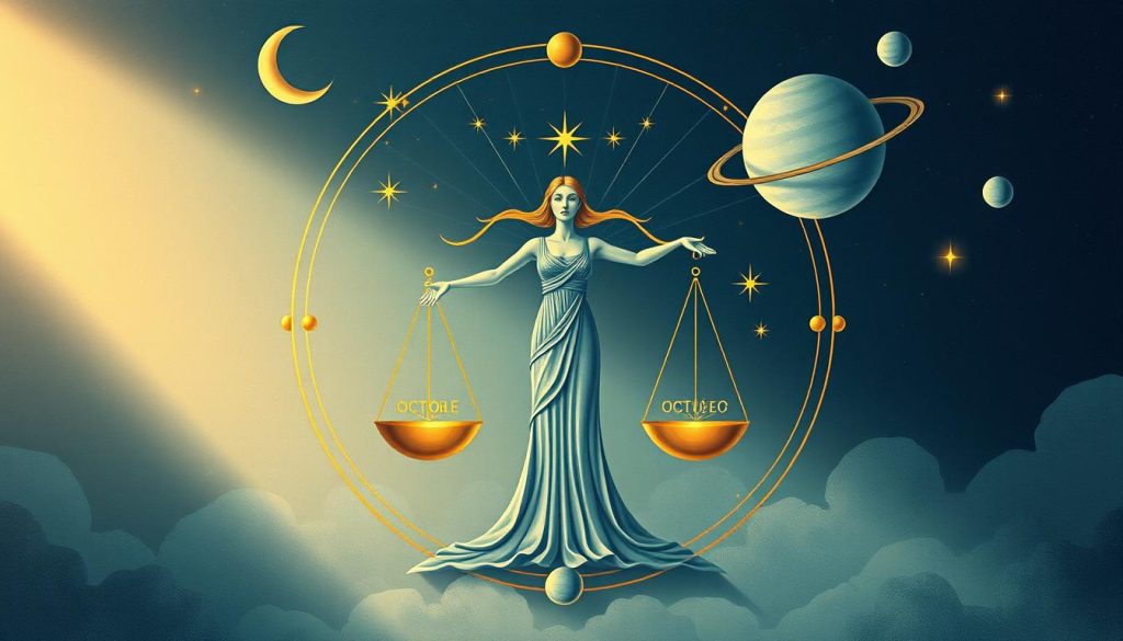 A detailed astrological illustration depicting the Libra zodiac sign for October. The image should feature a central figure representing the Libra symbol, surrounded by ethereal celestial elements such as crescent moons, stars, and orbiting planets. The color palette should be muted and harmonious, with shades of blue, green, and gold predominating to evoke a sense of balance and tranquility. The overall composition should feel elegantly symbolic, conveying the introspective nature and diplomatic qualities associated with the Libra sign. Subtle lighting from above casts a soft, ambient glow across the scene, creating an otherworldly, mystical atmosphere.
