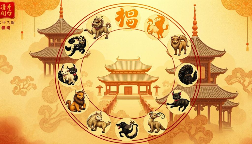 A detailed Chinese zodiac illustration with a traditional Chinese art style. The foreground features the 12 zodiac animals arranged in a circular pattern, each beautifully rendered with intricate brushwork and vibrant colors. The middle ground showcases traditional Chinese architectural elements, such as curved roofs and ornate decorations, creating a harmonious cultural backdrop. The background is filled with subtle gradients and abstract patterns, evoking a sense of timelessness and mysticism. Soft, warm lighting casts a glowing, ethereal atmosphere over the entire scene, enhancing the auspicious and awe-inspiring mood. The composition is balanced and visually captivating, drawing the viewer into the rich symbolism and traditions of the Chinese zodiac. A detailed Chinese zodiac illustration with a traditional Chinese art style. The foreground features the 12 zodiac animals arranged in a circular pattern, each beautifully rendered with intricate brushwork and vibrant colors. The middle ground showcases traditional Chinese architectural elements, such as curved roofs and ornate decorations, creating a harmonious cultural backdrop. The background is filled with subtle gradients and abstract patterns, evoking a sense of timelessness and mysticism. Soft, warm lighting casts a glowing, ethereal atmosphere over the entire scene, enhancing the auspicious and awe-inspiring mood. The composition is balanced and visually captivating, drawing the viewer into the rich symbolism and traditions of the Chinese zodiac.