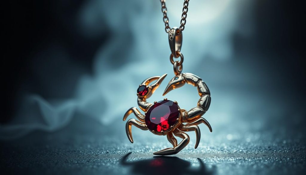 A detailed close-up of a Scorpio zodiac sign pendant, featuring a topaz, garnet, and alexandrite gemstones. The pendant is crafted from intricate metalwork, capturing the mysterious and powerful essence of the Scorpio sign. The pendant is illuminated by soft, directional lighting, casting subtle shadows and highlights that accentuate its three-dimensional form and the luster of the precious stones. The background is a moody, atmospheric setting, with a sense of depth and a subtle, ethereal quality, creating a mystical and alluring composition.