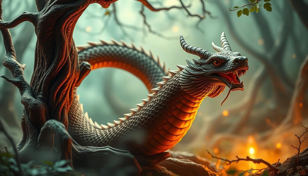 A detailed, fantastical depiction of the Chinese zodiac symbol "зодиака" for the Year of the Wooden Snake in 2025. The scene features an ornately carved, serpentine dragon emerging from a lush, mystical forest. Warm, ambient lighting bathes the creature in a golden glow, as it coils around an ancient, twisted tree trunk. The dragon's scales glimmer with intricate textures, while its piercing eyes seem to gaze directly at the viewer. The background is shrouded in an ethereal mist, creating a sense of mystery and enchantment. The overall composition evokes the timeless power and wisdom associated with the Chinese zodiac.