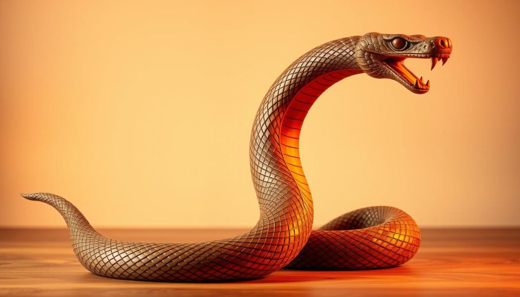 A detailed, finely-crafted wooden sculpture depicting the Chinese Zodiac sign of the Serpent. The serpent is elegantly coiled, its sinuous body made of intricate, textured wood grain that captures the natural patterns and knots. The sculpture is illuminated by warm, soft lighting that casts gentle shadows, highlighting the depth and contours of the wooden form. The background is a serene, minimalist environment, allowing the serpent to be the central focus. The overall mood is one of tranquility, sophistication, and a touch of mysticism, perfectly capturing the essence of the Wooden Serpent year in the Chinese zodiac.