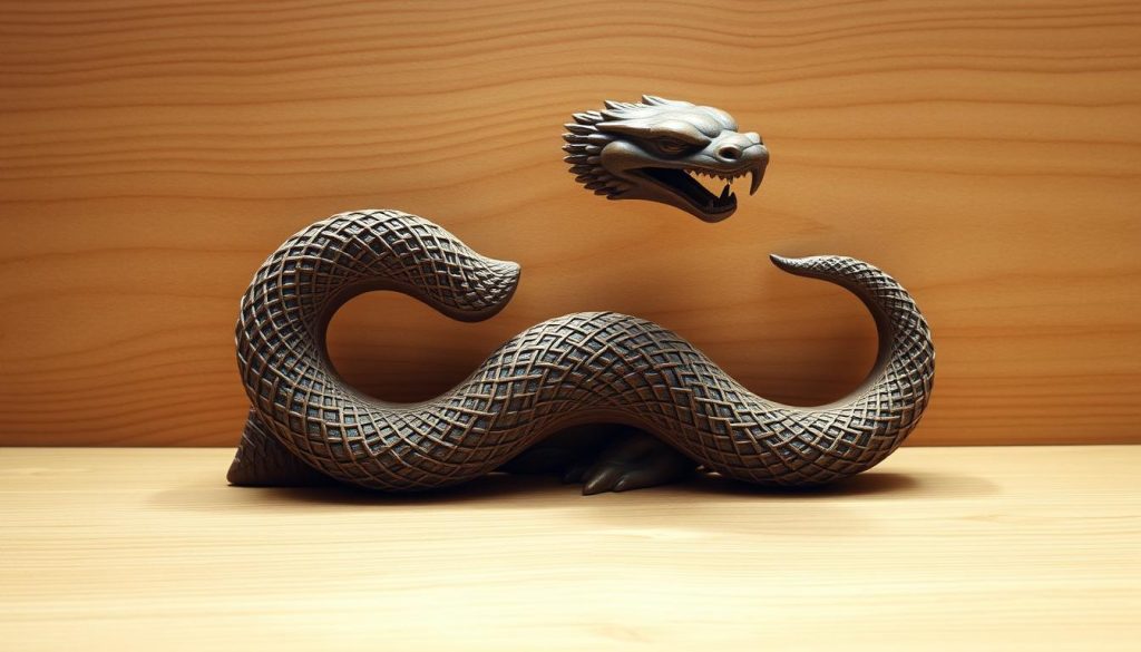 A detailed, hand-carved wooden sculpture of a graceful Chinese zodiac snake, embodying the essence of the 2025 Year of the Blue-Green Wooden Snake. The snake coils elegantly against a backdrop of warm, earthy tones, with intricate patterns and textures representing the natural wood grain. Soft, diffused lighting illuminates the sculpture, casting gentle shadows that accentuate the snake's sinuous form. The overall composition exudes a sense of tranquility, wisdom, and the harmonious balance of the natural world.