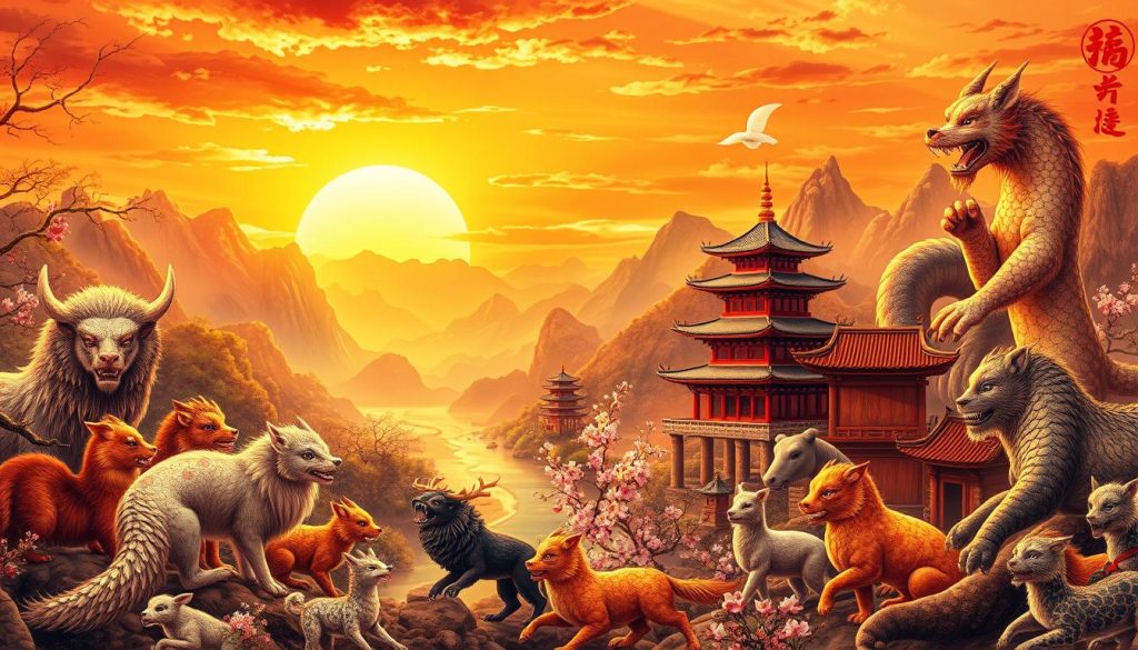 A detailed illustration of the Chinese zodiac animals set against a traditional Chinese landscape. The foreground features the 12 zodiac animals arranged in a circular pattern, each rendered with intricate, lifelike details. The middle ground showcases a mountainous vista with pagodas, cherry blossoms, and a serene river winding through. The background depicts a vibrant, sunset-lit sky with wispy clouds. The entire scene is bathed in warm, golden light, creating a harmonious and authentic Chinese aesthetic. The image should convey a sense of cultural heritage, spirituality, and the cyclical nature of the zodiac. A detailed illustration of the Chinese zodiac animals set against a traditional Chinese landscape. The foreground features the 12 zodiac animals arranged in a circular pattern, each rendered with intricate, lifelike details. The middle ground showcases a mountainous vista with pagodas, cherry blossoms, and a serene river winding through. The background depicts a vibrant, sunset-lit sky with wispy clouds. The entire scene is bathed in warm, golden light, creating a harmonious and authentic Chinese aesthetic. The image should convey a sense of cultural heritage, spirituality, and the cyclical nature of the zodiac.