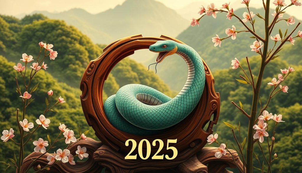 A detailed illustration of the Chinese zodiac calendar, showcasing the Year of the Green Wooden Snake for 2025. A traditional Chinese landscape painting style, with a lush, verdant mountain backdrop. In the foreground, a coiled snake emerges from a wooden carving, its scales shimmering with a calming blue-green hue. Delicate cherry blossoms and bamboo stalks frame the scene, creating a serene and harmonious atmosphere. Warm, diffused lighting bathes the entire composition, evoking a sense of timeless elegance. The overall aesthetic blends classical Chinese artistic elements with a contemporary, visually striking interpretation of the Chinese zodiac calendar. A detailed illustration of the Chinese zodiac calendar, showcasing the Year of the Green Wooden Snake for 2025. A traditional Chinese landscape painting style, with a lush, verdant mountain backdrop. In the foreground, a coiled snake emerges from a wooden carving, its scales shimmering with a calming blue-green hue. Delicate cherry blossoms and bamboo stalks frame the scene, creating a serene and harmonious atmosphere. Warm, diffused lighting bathes the entire composition, evoking a sense of timeless elegance. The overall aesthetic blends classical Chinese artistic elements with a contemporary, visually striking interpretation of the Chinese zodiac calendar.