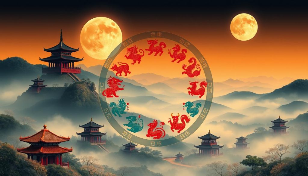 A detailed illustration of the Chinese zodiac, featuring a circular arrangement of the 12 animal signs in vibrant, textured colors. The zodiac is set against a serene, mist-shrouded landscape with rolling hills, pagodas, and a full moon in the night sky. The foreground showcases the animal symbols in an elegant, hand-painted style, with intricate patterns and dynamic poses. The middle ground includes traditional Chinese architectural elements and symbolic motifs, while the background depicts a tranquil, atmospheric setting that evokes the timeless essence of the Chinese astrological tradition. Soft, warm lighting enhances the overall mood of mysticism and cultural heritage.
