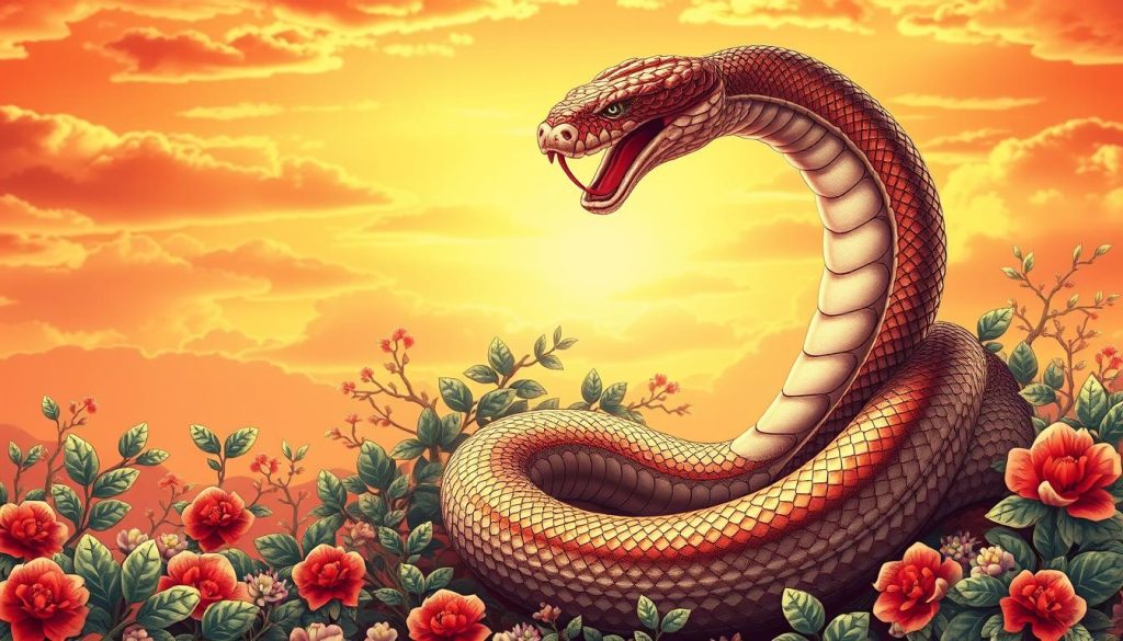 A detailed illustration of the Chinese zodiac sign "Year of the Snake". The foreground depicts a majestic serpent coiled gracefully, its scales shimmering with an iridescent sheen. The serpent's eyes are piercing and intelligent, conveying the intuitive and perceptive nature of the snake. In the middle ground, lush foliage and ornamental elements evoke a sense of the natural world and ancient Eastern aesthetics. The background features a vibrant, gradient sky, bathed in warm hues that create a serene, contemplative atmosphere. The overall composition emanates a sense of wisdom, transformation, and the cyclical nature of time, reflecting the significance of the "Year of the Snake" in the Chinese zodiac. A detailed illustration of the Chinese zodiac sign "Year of the Snake". The foreground depicts a majestic serpent coiled gracefully, its scales shimmering with an iridescent sheen. The serpent's eyes are piercing and intelligent, conveying the intuitive and perceptive nature of the snake. In the middle ground, lush foliage and ornamental elements evoke a sense of the natural world and ancient Eastern aesthetics. The background features a vibrant, gradient sky, bathed in warm hues that create a serene, contemplative atmosphere. The overall composition emanates a sense of wisdom, transformation, and the cyclical nature of time, reflecting the significance of the "Year of the Snake" in the Chinese zodiac.