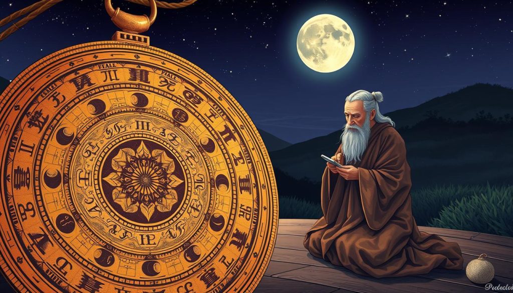 A detailed illustration of the lunar calendar, showcasing its intricate design and astrological symbolism. The foreground depicts an ornate, handcrafted lunar calendar, its surface adorned with crescent moons, stars, and celestial motifs. The middle ground features an elderly wise person, garbed in traditional robes, intently studying the calendar's intricate patterns. In the background, a serene nightscape unfolds, with a full moon hanging overhead, casting a soft, ethereal glow. The overall scene conveys a sense of reverence, mysticism, and the deep connection between the human experience and the rhythms of the natural world. A detailed illustration of the lunar calendar, showcasing its intricate design and astrological symbolism. The foreground depicts an ornate, handcrafted lunar calendar, its surface adorned with crescent moons, stars, and celestial motifs. The middle ground features an elderly wise person, garbed in traditional robes, intently studying the calendar's intricate patterns. In the background, a serene nightscape unfolds, with a full moon hanging overhead, casting a soft, ethereal glow. The overall scene conveys a sense of reverence, mysticism, and the deep connection between the human experience and the rhythms of the natural world.