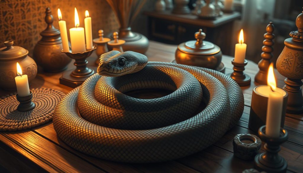 A detailed illustration of the Year of the Snake, known as "год змеи" in Russian. Featuring a coiled snake with intricate scales and an enigmatic gaze, illuminated by warm, flickering candlelight. The snake is situated on a wooden table, surrounded by traditional Slavic decorative elements like woven mats, ceramic vessels, and carved wooden figurines. The overall mood is one of mysticism, spiritual connection, and the timeless rhythms of nature. The scene is captured with a wide-angle lens, creating a sense of depth and atmosphere. Soft, diffused lighting casts gentle shadows, evoking the tranquil ambiance of a domestic setting. A detailed illustration of the Year of the Snake, known as "год змеи" in Russian. Featuring a coiled snake with intricate scales and an enigmatic gaze, illuminated by warm, flickering candlelight. The snake is situated on a wooden table, surrounded by traditional Slavic decorative elements like woven mats, ceramic vessels, and carved wooden figurines. The overall mood is one of mysticism, spiritual connection, and the timeless rhythms of nature. The scene is captured with a wide-angle lens, creating a sense of depth and atmosphere. Soft, diffused lighting casts gentle shadows, evoking the tranquil ambiance of a domestic setting.