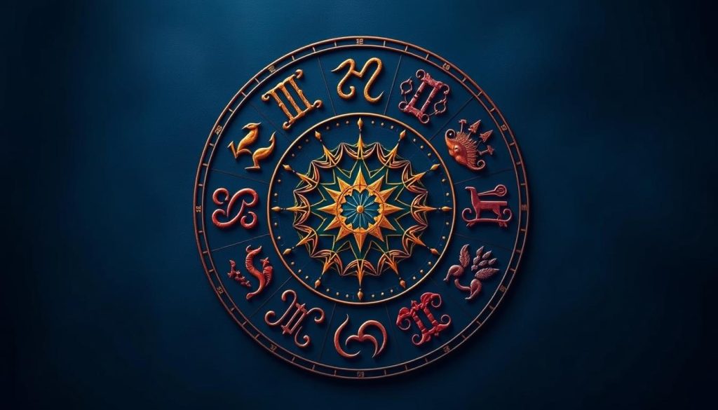 A detailed illustration of the zodiac symbols, showcasing the twelve astrological signs arranged in a circular composition. The design features vibrant, meticulously crafted iconography against a deep, midnight-blue background, evoking a sense of cosmic mystery and timeless tradition. Soft, diffused lighting casts subtle shadows, highlighting the intricate details of each zodiac emblem. The overall atmosphere is one of tranquility and timelessness, inviting the viewer to ponder the enduring influence of the celestial cycles.