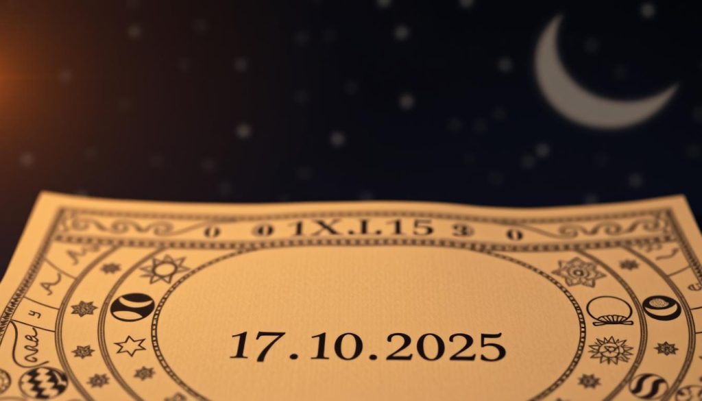 A detailed lunar calendar against a night sky, with a crescent moon and stars twinkling in the background. The calendar is rendered in a traditional Slavic folk art style, with intricate patterns and symbols representing the phases of the moon and astrological signs. The foreground features a delicate line drawing of the date "17.10.2025", with subtle lunar phases and zodiac iconography tastefully integrated. Soft, warm lighting illuminates the scene, creating a serene, mystical atmosphere reflective of the ancient lunar calendar's significance in Slavic culture. A detailed lunar calendar against a night sky, with a crescent moon and stars twinkling in the background. The calendar is rendered in a traditional Slavic folk art style, with intricate patterns and symbols representing the phases of the moon and astrological signs. The foreground features a delicate line drawing of the date "17.10.2025", with subtle lunar phases and zodiac iconography tastefully integrated. Soft, warm lighting illuminates the scene, creating a serene, mystical atmosphere reflective of the ancient lunar calendar's significance in Slavic culture.